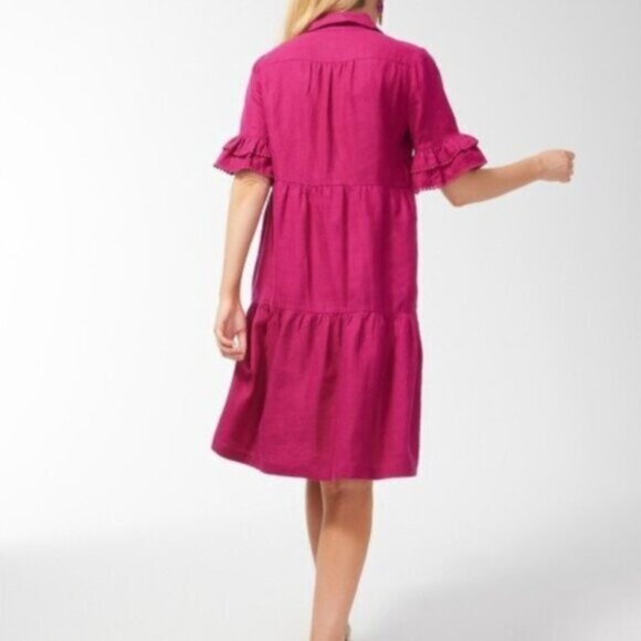 [New] Chico's (1=US 8) Magenta Linen Oversized V-neck Peasant Tiered Midi Dress - Picture 3 of 14